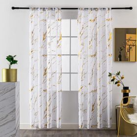 2PCS White Sheer Curtains Gold Foil Marble Print Rod Pocket Window Curtains, 52" W x 84" L (Color: Golden)