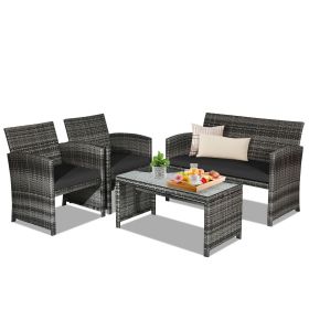 4 Pieces Patio Rattan Furniture Set with Glass Table and Loveseat (Color: Black)