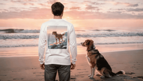 Surfing Dog Long Sleeve Tee | Sunset Ocean Wave Illustration (size & Color: White 3XL)