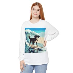 Surfing Dog Long Sleeve Tee | Retro Wave Beach Graphic (size & Color: White 3XL)