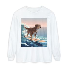 Surfing Dog Long Sleeve Tee | Sunset Ocean Wave Illustration (size & Color: White L)